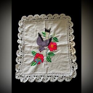 Embroidered Bird & Floral Lace Doily ⚠️ Stains 24 x 21 Large Piece
